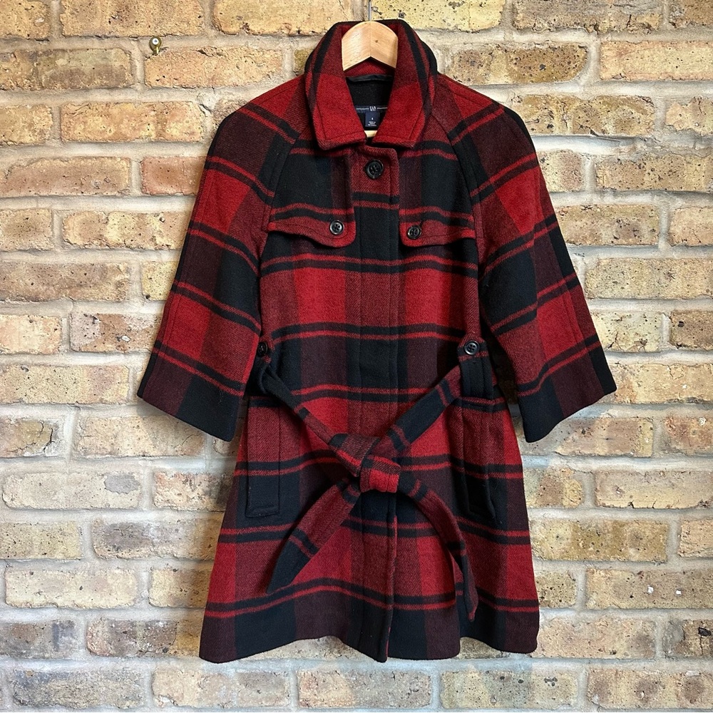 GAP Buffalo Plaid Wool Coat w/ Tie Waist & 3/4 Sleeves
